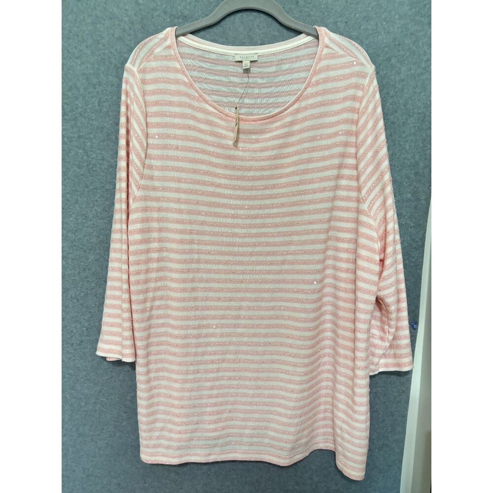 Talbots Pink White Stripe Sequin Top 3X NWT Soft‎ Stretch Coastal Preppy Airy
